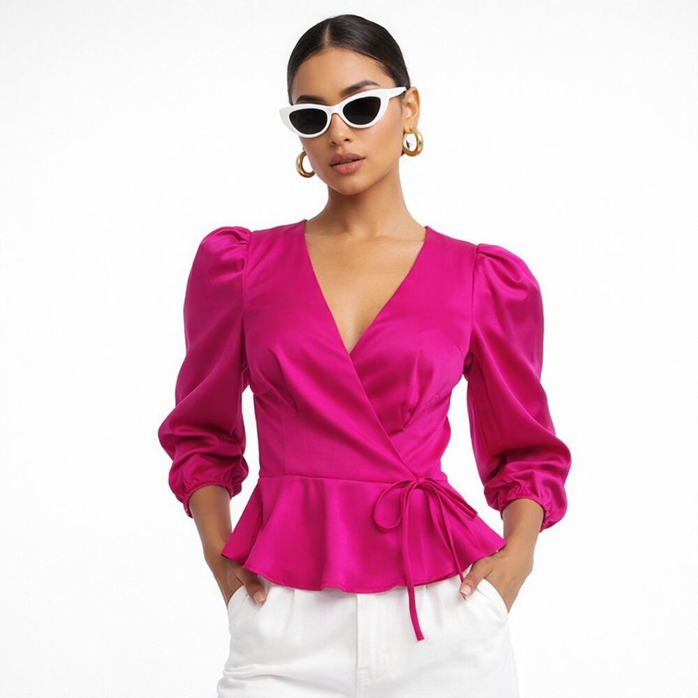 Free Press Fuchsia Pink Wrap Peplum Blouse XXS